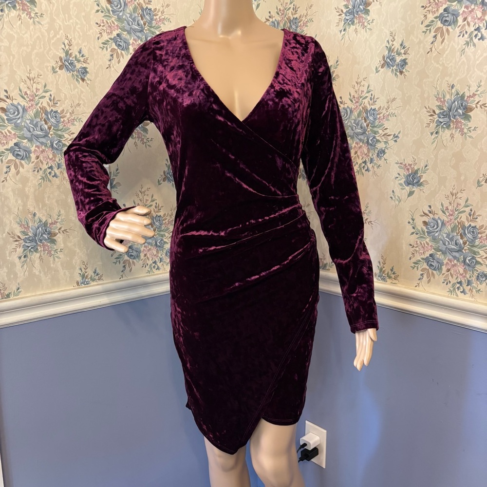 Fashion Nova Purple Velvet Bodycon Long Sleeve Dress, Size M